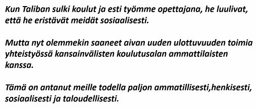 Afganistanin tyttöjen koulutus yhtenä teemana tänään #YhdessäVerkossa #EtaopetuksenPaiva 
Kuva <a href="/IlonaTaimela/">Ilona Taimela</a>'n materiaaleista.