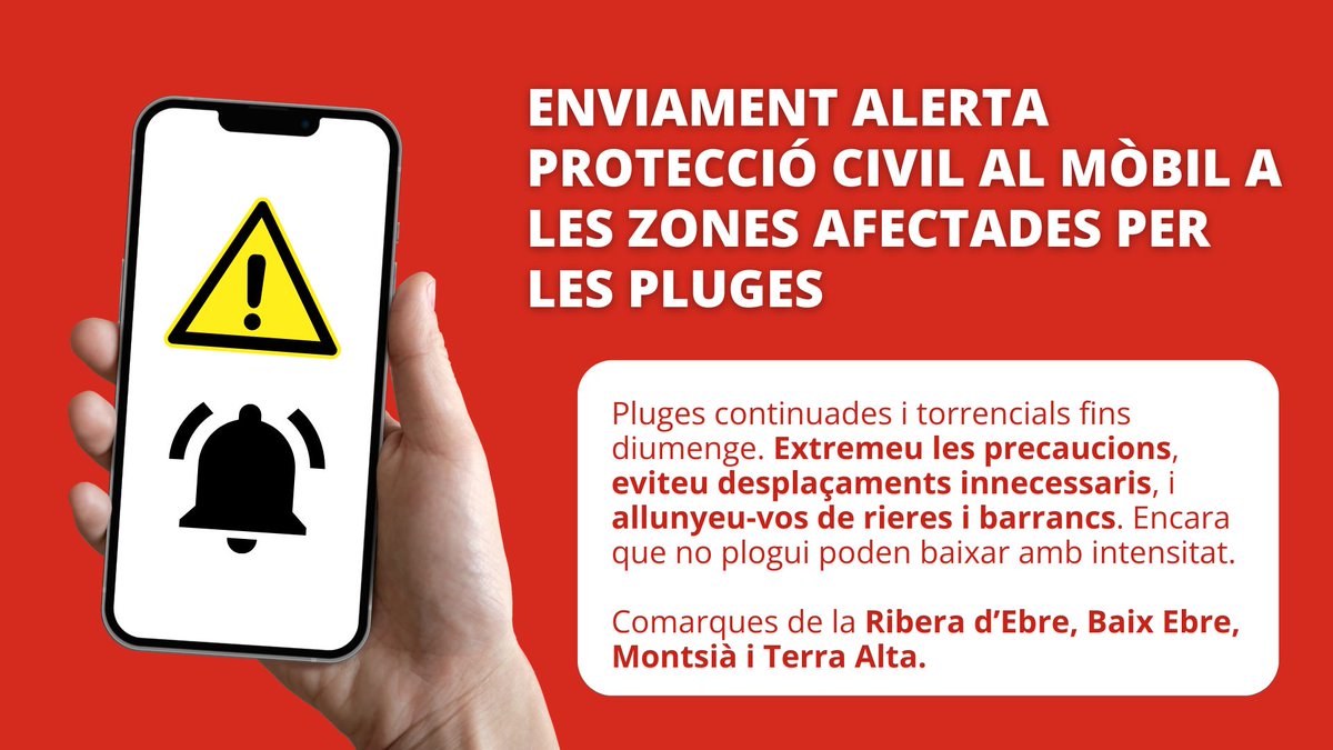 ALERTA #INUNCAT

⚠️ Enviament d'una nova Alerta de #ProteccioCivil als mòbils de les comarques del Montsià, Terra Alta, Ribera d’Ebre i Baix Ebre 

Cal extremar les precaucions, evitar desplaçaments innecessaris i allunyar-se de rieres i torrents
