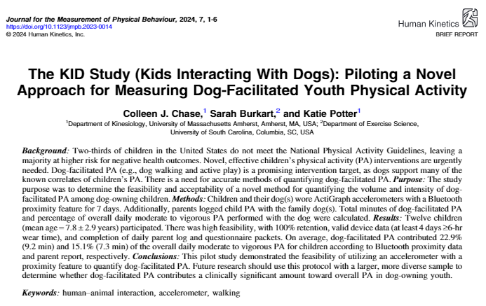 Human_Kinetics's tweet image. Check out a study from @JMPBjournal! The KID Study (Kids Interacting With Dogs): Piloting a Novel Approach for Measuring Dog-Facilitated Youth Physical Activity doi.org/10.1123/jmpb.2… #exercisescience