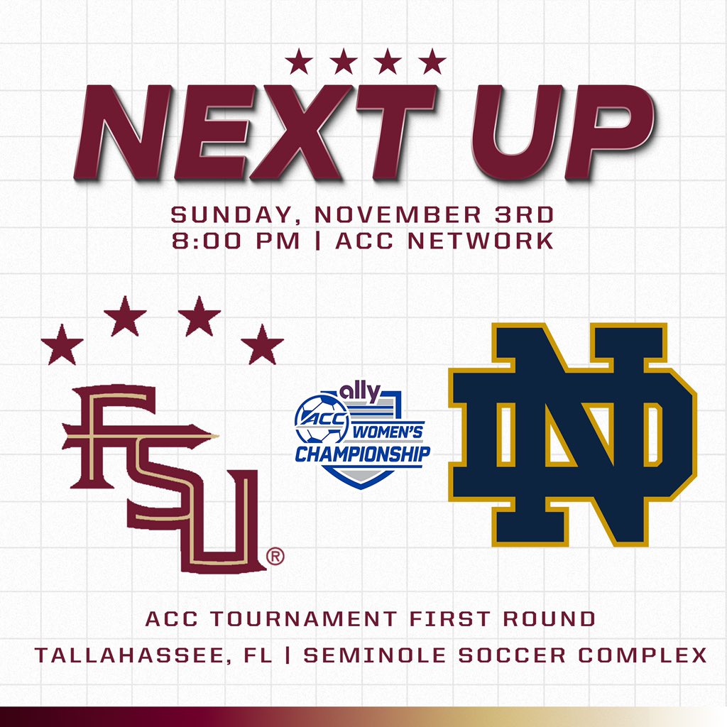 FSUSoccer's tweet photo. 𝐍𝐄𝐗𝐓 𝐔𝐏: ACC First Round‼️🔥🍢

Tickets On Sale Now💥🎟️⚽️

First 100 Students Earn 🆓 Admission 📚

Link in the Bio 🔗

#OneTribe https://t.co/wmZAyOVR04