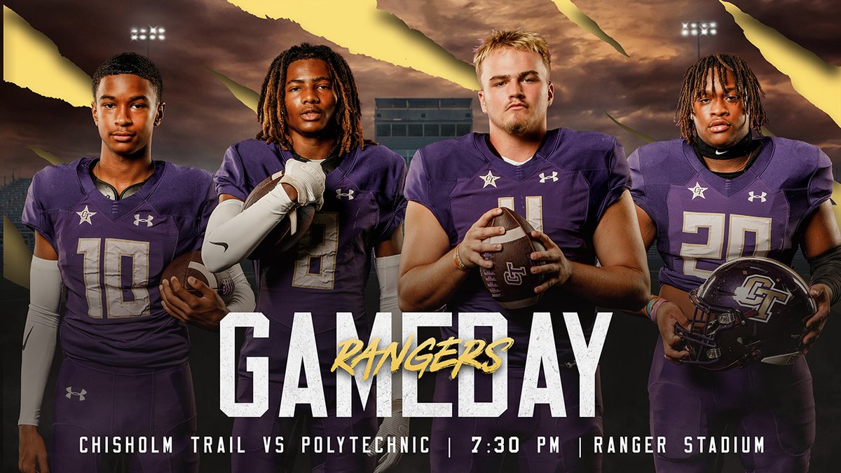 Come on out Ranger Nation! It's #GameDay and SENIOR NIGHT!🏈#StayPurple #BeattheParrots

Chisholm Trail vs Polytechnic
7:30 pm at Ranger Stadium
Tickets: chisholmtrailathletics.com