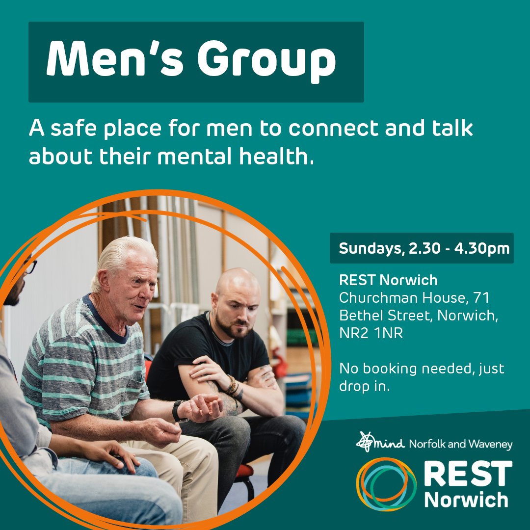 Are you looking for a safe space to connect with other men and talk about your mental health?

Come along to our Men’s Group at REST Norwich. Taking place on Sundays from 2.30-4.30pm, there’s no need to book, simply drop in.

📍Churchman House, 71 Bethel Street, Norwich, NR2 1NR