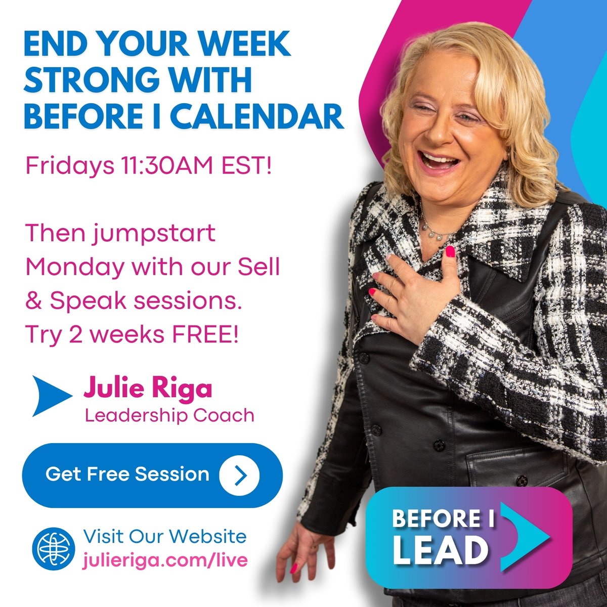 StayonCoursePod's tweet image. End your week strong with Before I Calendar, Fridays 11:30AM EST! Then jumpstart Monday with our Sell &amp;amp; Speak sessions. Try 2 weeks FREE! julieriga.com/live #BeforeILead #ProductivityTips