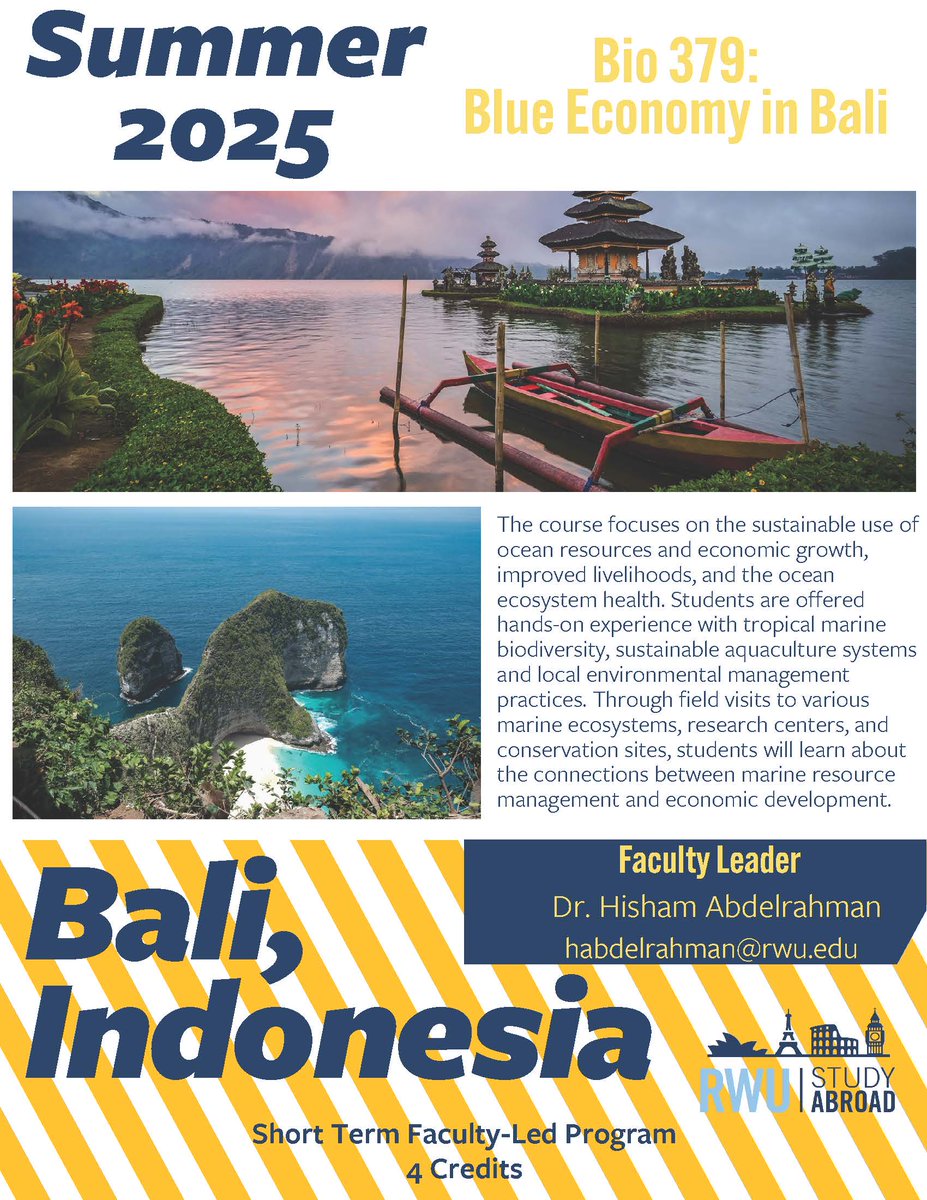 🌊 Exciting News – I'm Leading a Study Abroad Program in Bali! 🌴✨

This summer, I’ll be teaching a new course, Bio 379: Blue Economy in Bali! 

📅 When: Summer 2025 (May 17 - June 1)
📍 Where: Bali, Indonesia
📚 Credits: 4
#RWU