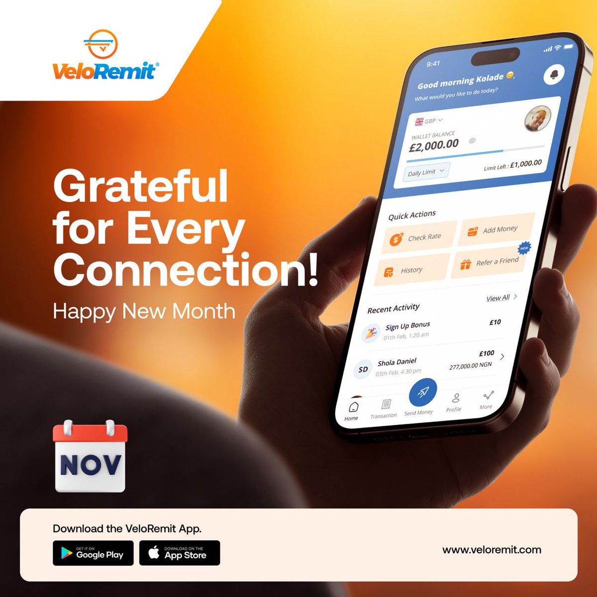 veloremit's tweet photo. November is all about gratitude—and there's no better way to show it than staying close to those who matter most. With VeloRemit, let your loved ones feel your presence even from miles away. Download the app today! #VeloRemit #NovemberGratitude #StayConnected #Remittance #NigeriansinUK #FamilyFirst #HappyNewMonth #November