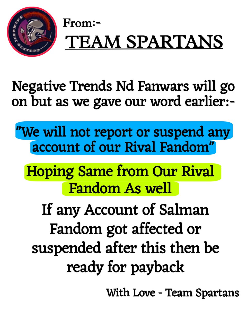 ATTENTION 📢 Message from Team Spartans 

#Salmankhan | <a href="/BeingSalmanKhan/">Salman Khan</a>