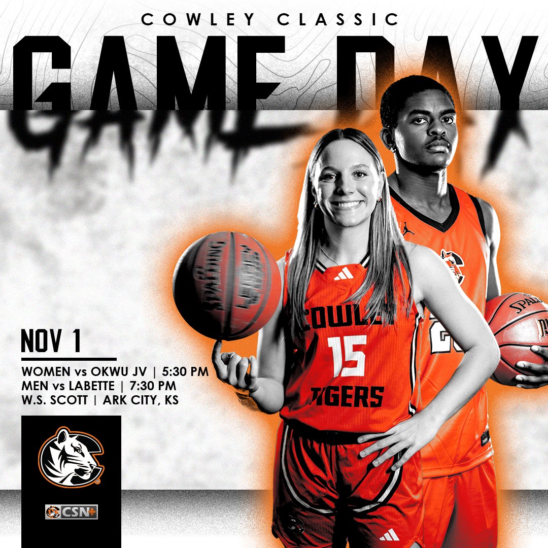 GAMEDAY: #CowleyWBB &amp; <a href="/CowleyHoops/">CowleyTigerMBB</a> begin the 2024-25 season with the #CowleyClassic!

📍 W.S. Scott Auditorium
⏰ WBB vs. OKWU JV: 5:30 PM CT
⏰ MBB vs. Labette: 7:30 PM CT
💻 cowleytigers.com/csn
📺 KJCCC Smart TV App
📱 KJCCC Mobile App