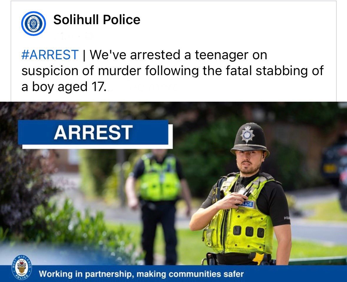 SolihullUpdates's tweet image. A teenager has been arrested in #Birmingham on suspicion of murder following the fatal stabbing of a boy aged 17 on #StationRoad in #MarstonGreen, #Solihull. A 17-year-old male who was arrested on Tuesday has been released on police bail. facebook.com/10006370428441…