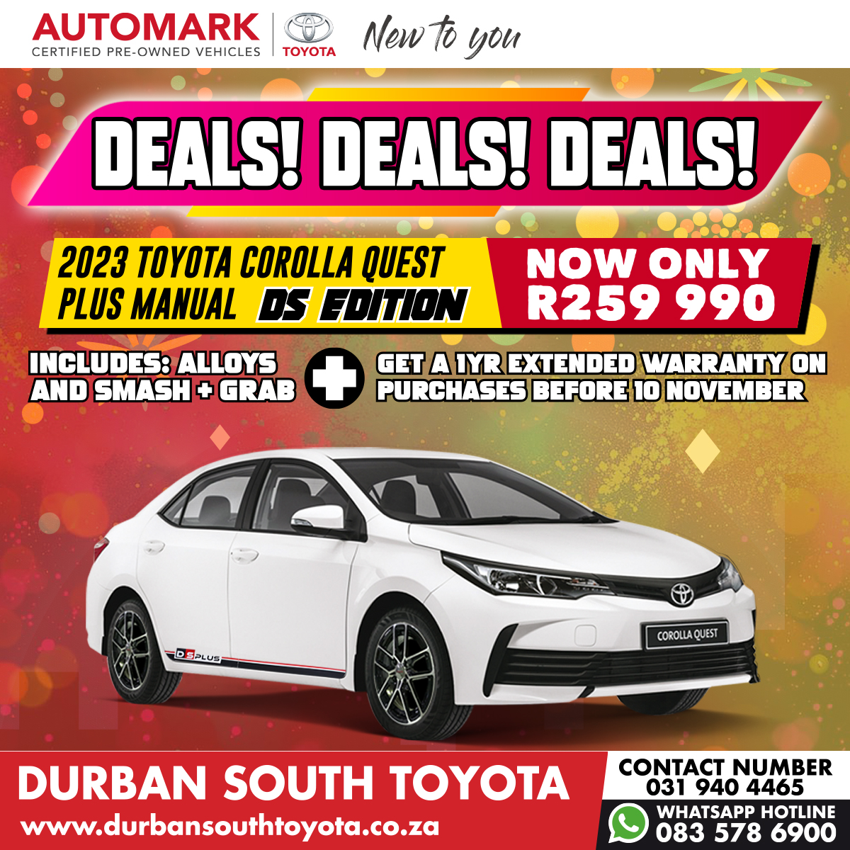 dstoyota's tweet photo. Get the best deals at Durban South Toyota. Drive a 2023 Toyota Corolla Quest DS Edition for only R259 990. Fully loaded with extras including alloys + smash &amp; grab. PLUS! Get a 1 yr extended warranty when you buy before 10 November.

Visit our Automark showroom for a test drive. https://t.co/6hsS8jc1on