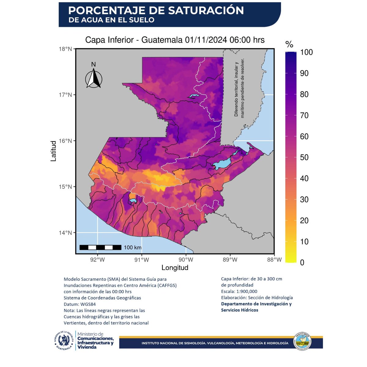 MAPAS DE PORCENTAJE DE SATURACIÓN DEL SUELO PARA LA CAPA INFERIOR
Profundidad de 30 cm hasta 1-3 mt. dependiendo de la zona.
01 de noviembre de 2024.

#SomosINSIVUMEH #GuatemalaSaleAdelante #CIV