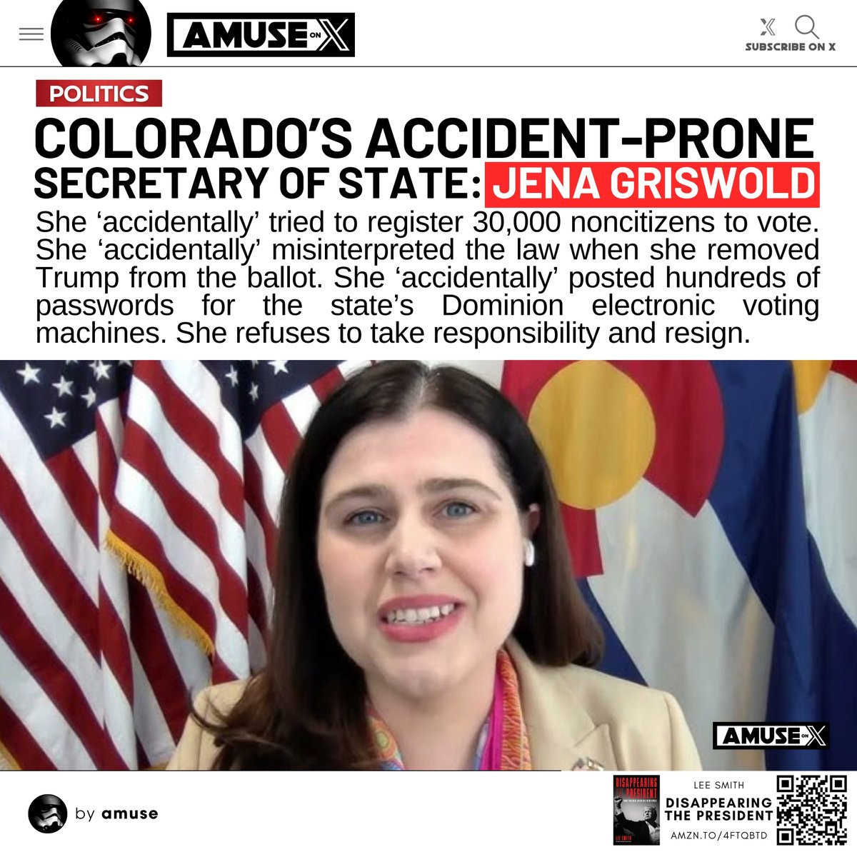 amuse's tweet image. ELECTION INTEGRITY: When do we stop calling Jena Griswold's continued efforts to undermine confidence in the integrity of Colorado's election 'accidents'? If you hold a position of public trust and repeatedly violate that trust it is your duty to resign.

h/t @reallouiehuey