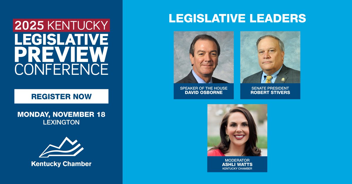 As the 2025 session approaches, House Speaker @Reposborne, @Kysenatepres Robert Stivers, and Kentucky Chamber President and CEO <a href="/AshliWatts/">Ashli Watts</a> will discuss their plans to tackle top issues facing the Commonwealth during the Chamber’s Legislative Preview Conference. Register now: