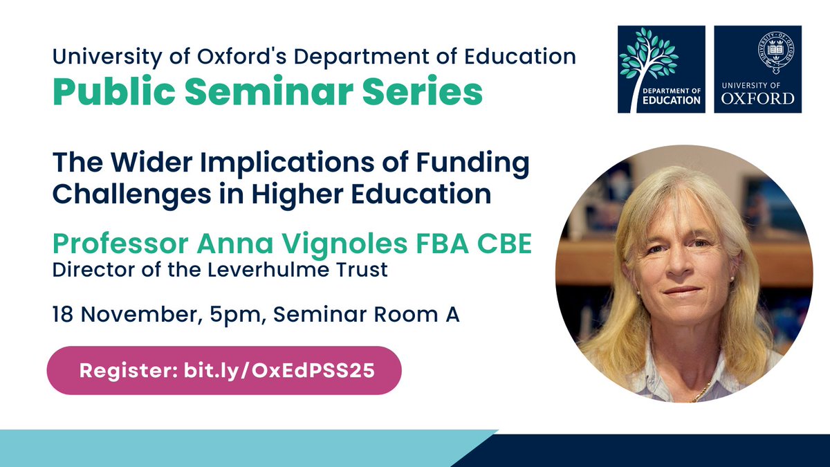 Department of Education, University of Oxford (@oxforddeptofed) on Twitter photo Join @AnnaVignoles, Director of <a href="/LeverhulmeTrust/">The Leverhulme Trust</a>, for a public seminar on 'The Wider Implications of Funding Challenges in Higher Education' on 18 November.
Register for in-person attendance ➡️ forms.office.com/e/j1AYNspLRd
Or join us online ➡️ bit.ly/4hrlzWd Join @AnnaVignoles, Director of <a href="/LeverhulmeTrust/">The Leverhulme Trust</a>, for a public seminar on 'The Wider Implications of Funding Challenges in Higher Education' on 18 November.
Register for in-person attendance ➡️ forms.office.com/e/j1AYNspLRd
Or join us online ➡️ bit.ly/4hrlzWd