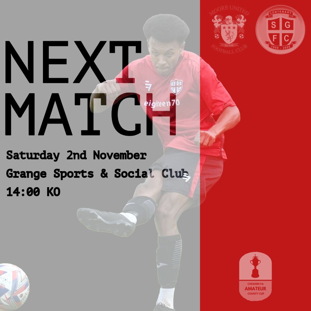 𝗧𝗛𝗜𝗦 𝗪𝗘𝗘𝗞𝗘𝗡𝗗

Cheshire Cup action as we travel to Warrington to face <a href="/MooreUtdFC/">Moore United FC</a> in the 3rd round.

🆚<a href="/MooreUtdFC/">Moore United FC</a>
🏟️Grange Sports &amp; Social Club, Warrington, WA4 1QH
⏰14:00
🏆Cheshire Amateur Cup