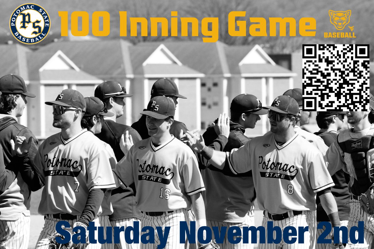 Each fall for the last 26 years Potomac State Baseball has wrapped up fall ball with the 100 Inning Game. The game is a challenge and fun but serves as a fundraiser for the upcoming season.
Giving is easy.  Click the QR code Select "Donate Now" then Choose PSC: Baseball Program