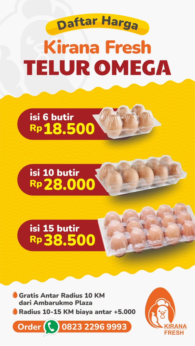 shellashe's tweet image. Wilayah jogja yang butuh telor omega bisa hubungi Kirana Fresh yaa, anter gratis 🛵
