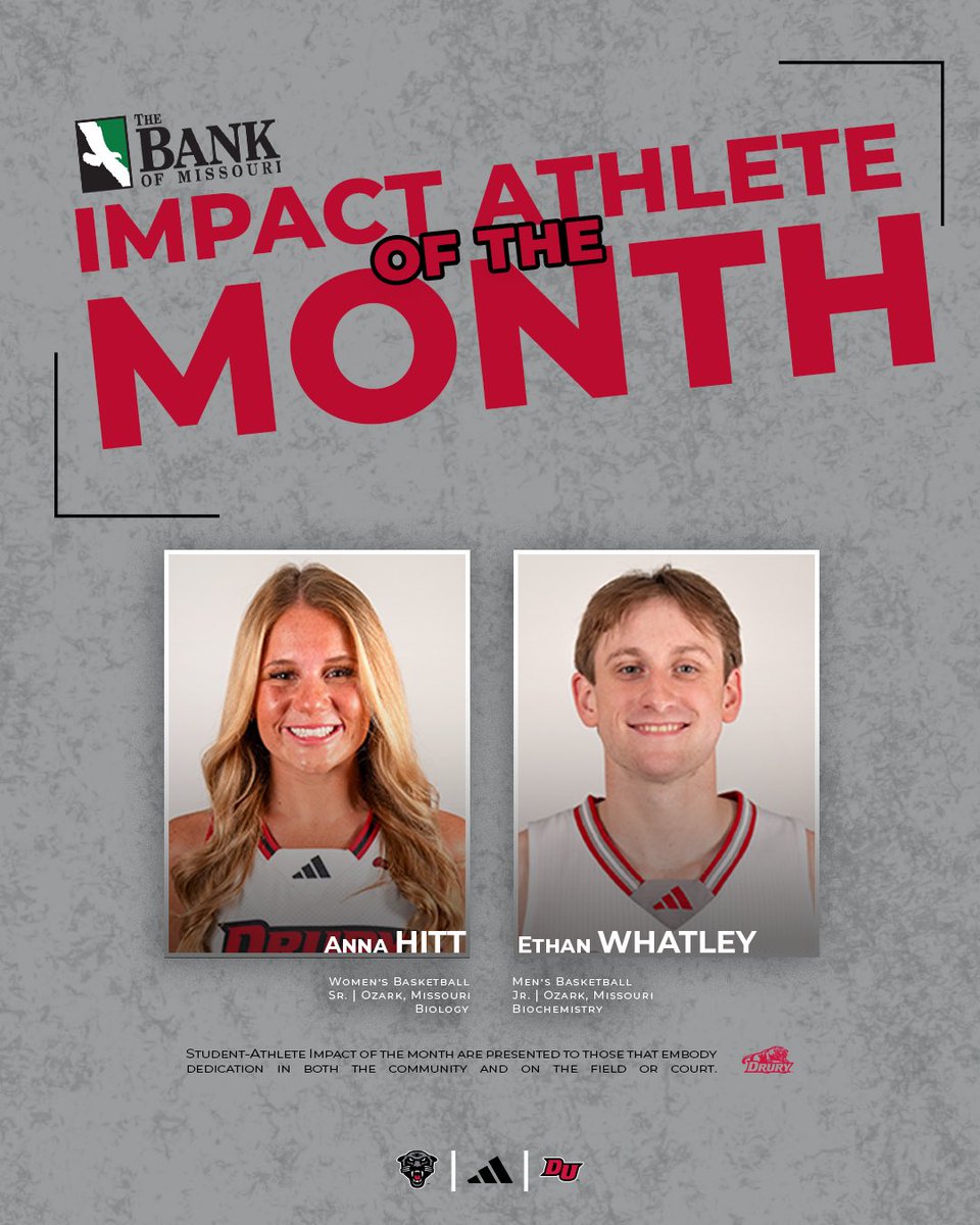 The Bank of Missouri Impact Student-Athlete of the Month for community service of October goes to Anna Hitt and Ethan Whatley! 

#OneDrury