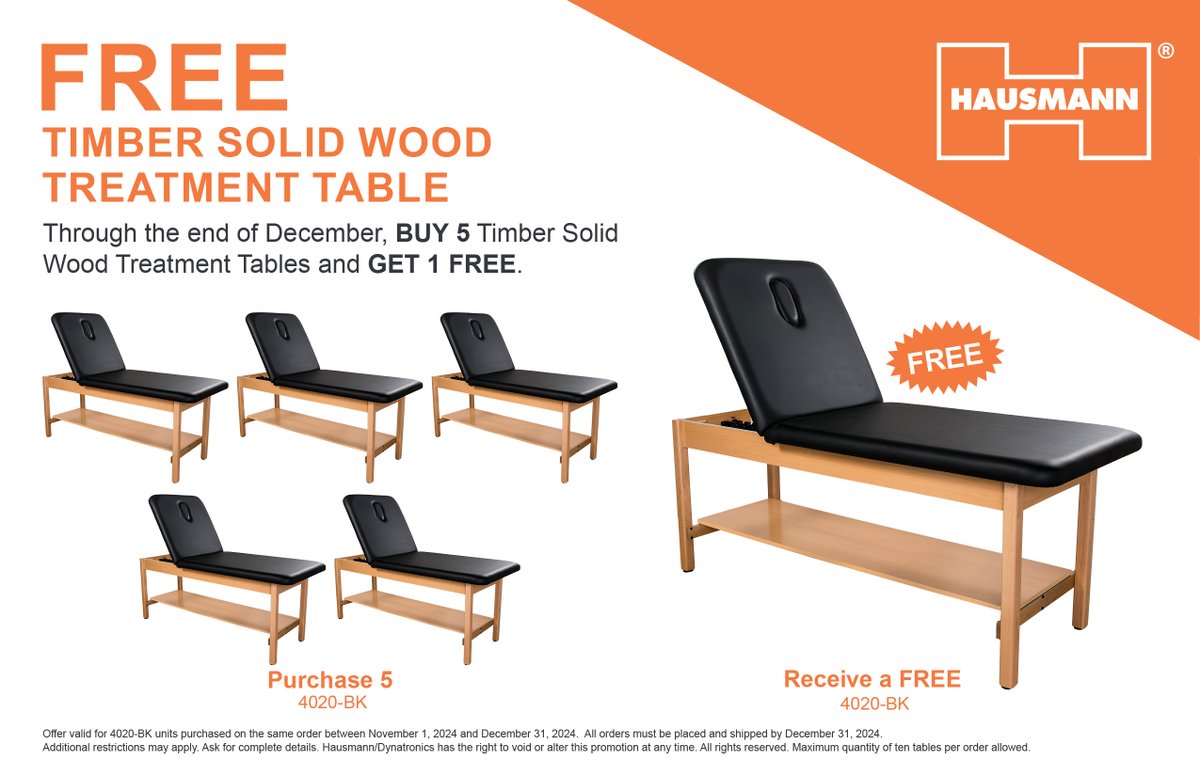 🚨 YEAR END DEALS YOU CAN'T MISS! 🚨
From November 1 - December 31, 2024, we’re offering an exclusive Buy 5, Get 1 FREE promotion on THREE of our most popular Hausmann tables:
💥 Titan Premier Hi-Lo Table
💥 Titan Electric Hi-Lo Table
💥 Timber H-Brace Table