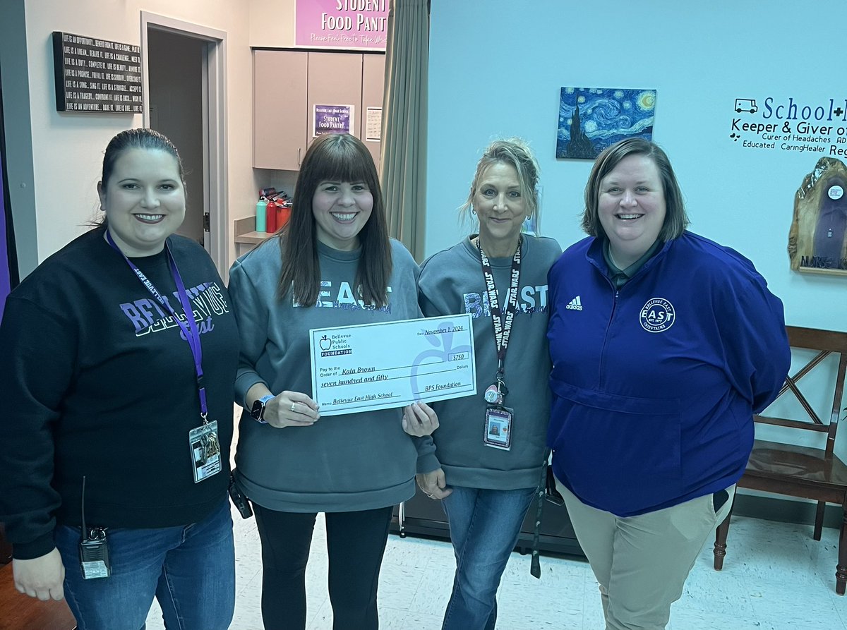 Our first grant winner is nurse Kala with a check to help stock the BEAST food food pantry!  Thank you <a href="/BPSFNE/">BPS Foundation</a>!