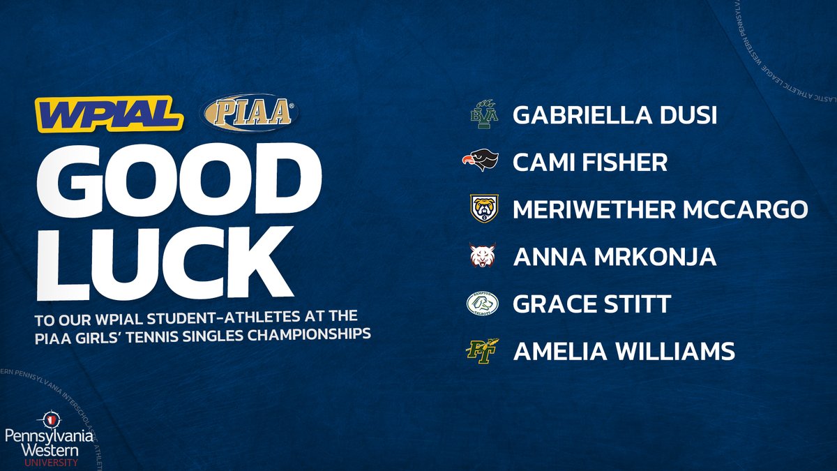 WPIAL (@wpial7) on Twitter photo Best of luck to our student-athletes from <a href="/BASD_Athletics/">Beaver Athletics</a>, <a href="/BvasdAthletics/">BVASD Athletic Department</a>, <a href="/BP_BlackHawks/">Bethel Park Athletics</a>, <a href="/HTSDAthletics/">HTSD Athletics Department</a>, <a href="/PTWarriors/">Penn-Trafford Athletics</a>, and <a href="/shady_side/">Shady Side Academy</a> at the <a href="/PIAASports/">PIAA</a> Girls' Tennis Singles Championships! Bring home the gold! 🥇
#WPIAL | 🎾🏆 | <a href="/PennWestUniv/">PennWest University</a> Best of luck to our student-athletes from <a href="/BASD_Athletics/">Beaver Athletics</a>, <a href="/BvasdAthletics/">BVASD Athletic Department</a>, <a href="/BP_BlackHawks/">Bethel Park Athletics</a>, <a href="/HTSDAthletics/">HTSD Athletics Department</a>, <a href="/PTWarriors/">Penn-Trafford Athletics</a>, and <a href="/shady_side/">Shady Side Academy</a> at the <a href="/PIAASports/">PIAA</a> Girls' Tennis Singles Championships! Bring home the gold! 🥇
#WPIAL | 🎾🏆 | <a href="/PennWestUniv/">PennWest University</a>