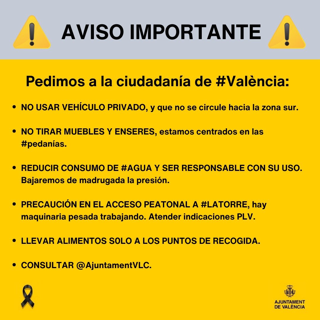 ⚠️⚠️AVISO IMPORTANTE a la ciudadanía de #València ⚠️⚠️

📢Es esencial que se atienda a estas recomendaciones para poder ser efectivos con las tareas de ayuda y recuperación de las pedanías y pueblos vecinos afectados por la #DANA.

Gracias por vuestra ayuda.