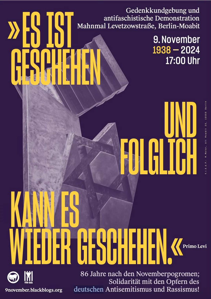 Vom 9. zum 10. November 1938 begannen im gesamten Reichsgebiet gezielte Gewaltaktionen gegen die jüdische Bevölkerung. Auch dieses Jahr finden in Berlin in Erinnerung an die Pogromnacht viele Gedenkveranstaltungen statt. #b0911 Eine Übersicht gibt es hier:
berlin-gegen-nazis.de/gedenkveransta…