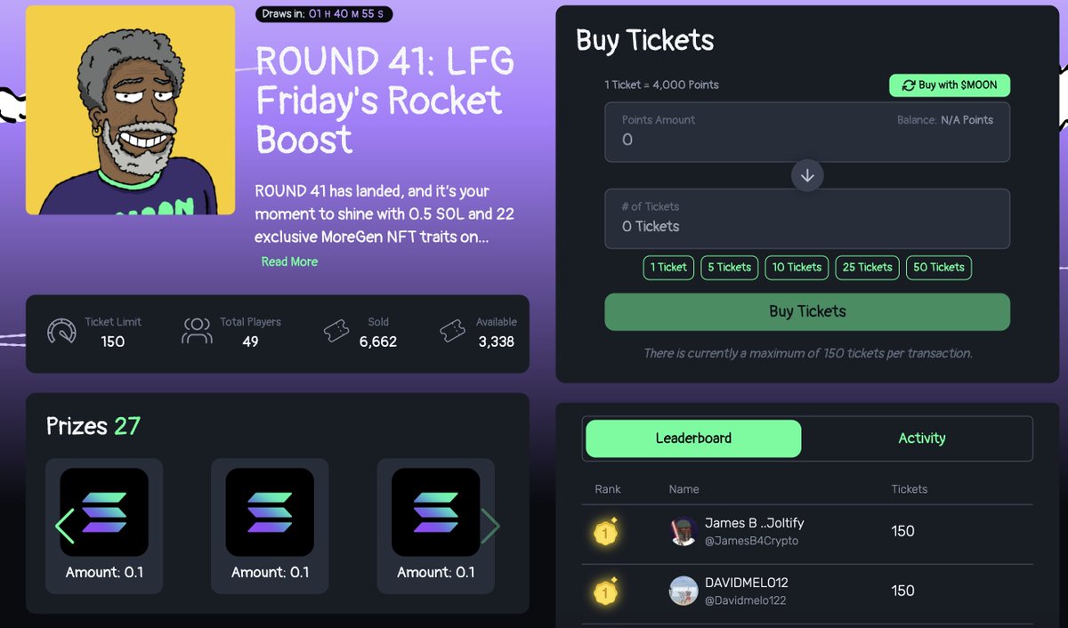 Round 41 LFG Friday's Rocket Boost draws in 1,5 hour and we still have 3000+ tickets for grab 🎟️

Don't wait ‼️ Get yours now &amp; climb up the Leaderboard: freemoon.meme/raffles/5ZNin3…
