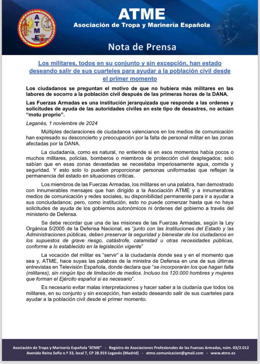 Comunicado oficial de la Asociación de Tropa y Marinería Española: