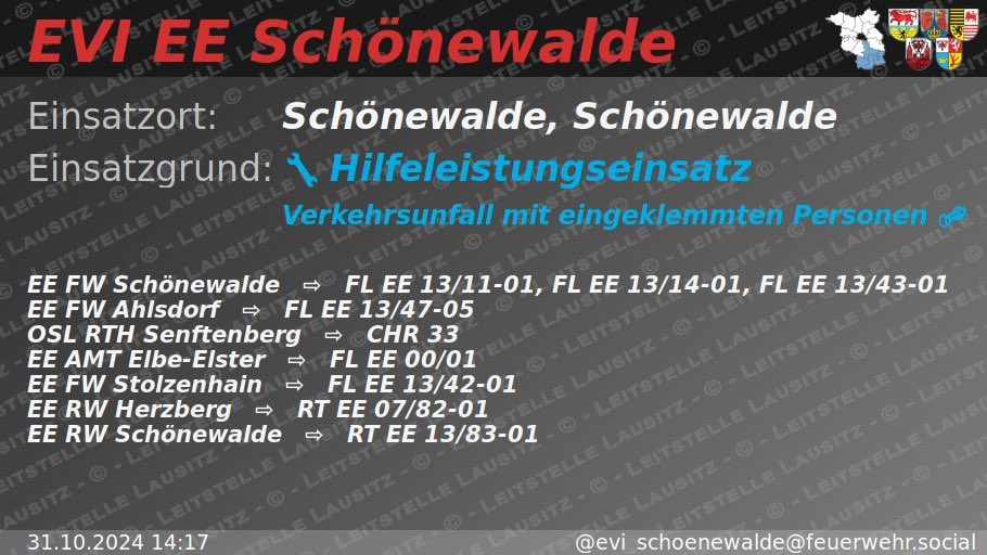 ReportLKEE's tweet photo. Am Nachmittag des Feiertages kam bei #Schönewalde ein #PKW von der Straße ab, kollidierte mit einem Baum und schleuderte zurück auf die Fahrbahn. Der Fahrer musste mit technischem Gerät durch die #Feuerwehr befreit werden. Ein #Rettungshubschrauber brachte Ihn in eine Fachklinik. https://t.co/dKLGjp98Ds