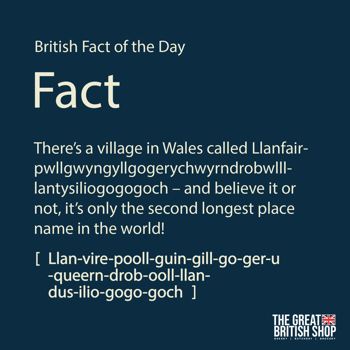 _GBShop's tweet photo. 🏴󠁧󠁢󠁷󠁬󠁳󠁿 There’s a village in Wales with the name: Llanfair­pwllgwyngyll­gogery­chwyrn­drobwll­llan­tysilio­gogo­goch.

It’s the second longest place name on earth, but for the locals, size doesn’t matter – it’s how you pronounce it!😉

Have a go at saying it, here's the phonetic spelling!

Llan-vire-pooll-guin-gill-go-ger-u-queern-drob-ooll-llandus-ilio-gogo-goch.