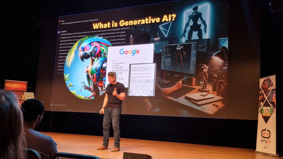 "Generative AI is a mechanical parrot"
- Tommy Thompson from <a href="/AIandGames/">AI and Games</a>: "Automating Creativity is a Fool’s Errand" #konsoll2024 #GenAI #gamedev