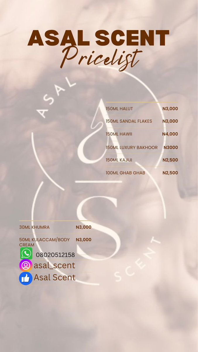 angry_ustaaz's tweet photo. Discover the Essence of Luxury with Asal Scent! 

Explore exclusive range of high-quality fragrances, body creams, and Khumra that elevate your everyday scent. From the rich notes of Sandal Flakes and Luxury Bakhoor to the exotic charm of Hawii, there’s a fragrance for every moment.

🌸 Price Highlights:

•150ml Halut – N3,000
•150ml Hawii – N4,000
•100ml Ghab Ghab – N2,500
•30ml Khumra – N3,000
•50ml Kulaccam Body Cream – N3,000

For orders:
📲 WhatsApp: 08020512158
📸 Instagram: @asal_scent
👍 Facebook: Asal Scent

Indulge in timeless scents and let your fragrance speak for you! #AsalScent #LuxuryFragrance