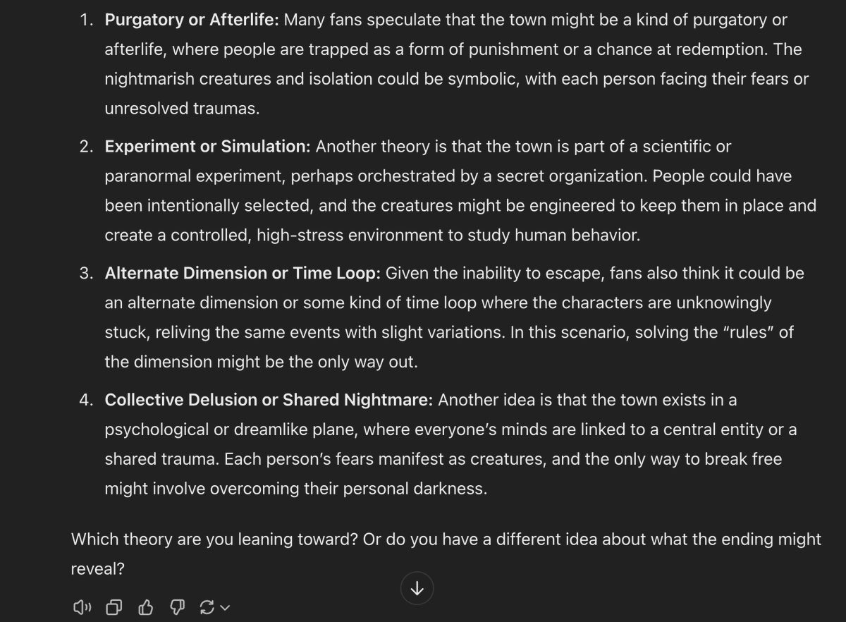 Akshara1248's tweet photo. I expected GPT to predict the plot for me since the theories are already available on reddit already and tell me why it thinks its right. Here's how the conversation go: https://t.co/DDc38bNs7Q