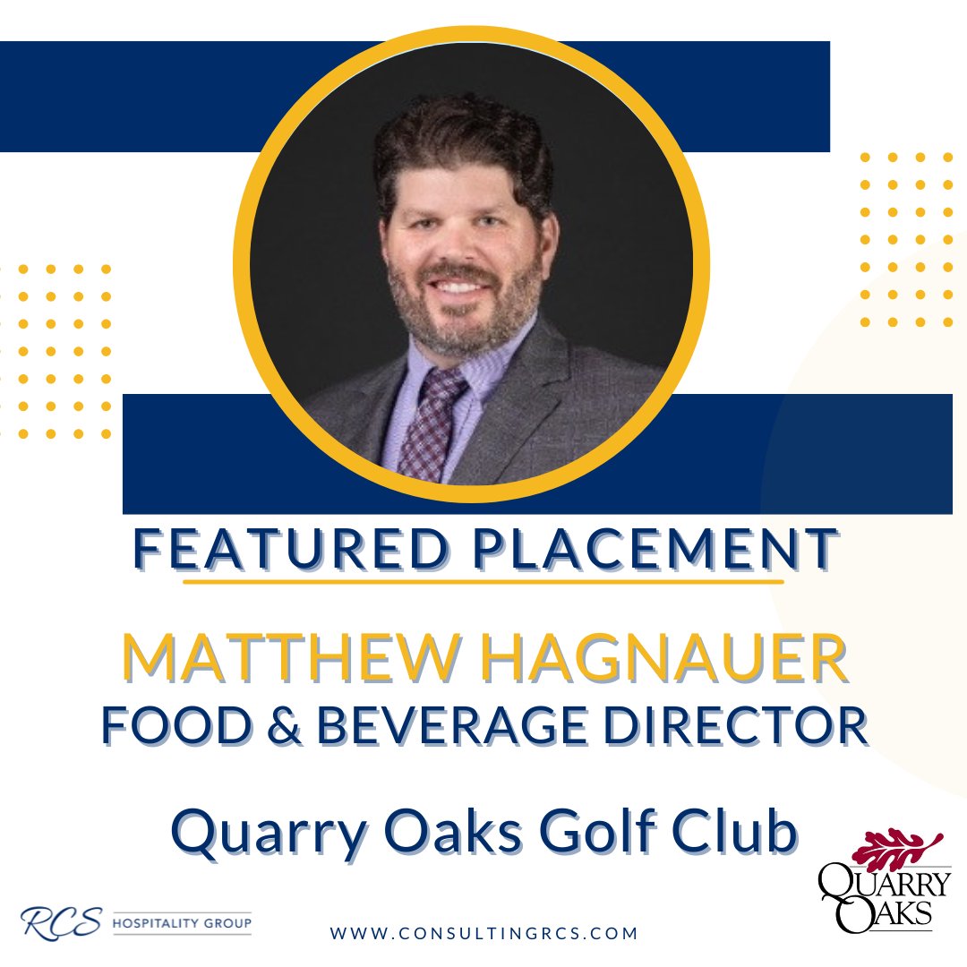 ConsultingRCS's tweet image. 🎉 Big news from RCS! We&apos;re thrilled to announce our most recent placement, Matthew Hagnauer, as the new Food &amp;amp; Beverage Director at Quarry Oaks Golf Club. Congratulations, Matthew!

#RecruitingRCS #ClubCareers #CMAA #FoodAndBeverageDirector #ExecutiveSearch
