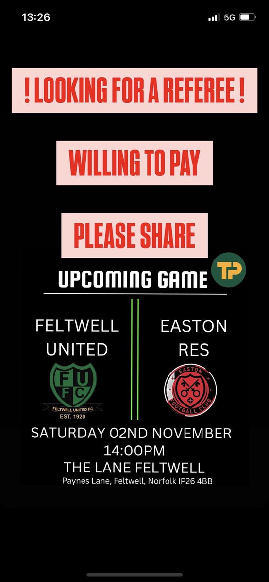 🟢REFEREE NEEDED⚫️
Referee needed for tomorrow’s game, please share and get in contact if interested!
<a href="/AnglianCom/">Fosters Solicitors Anglian Combination</a>