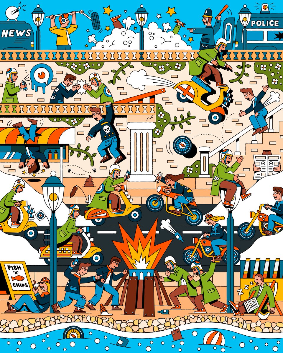 Hello! Here's a bit of personal work that I've been chipping away at for a few weeks in between client projects. 

It's based on the famous mods and rockers scene that was going on in Brighton during the 60's. Enjoyed getting lost in the chaos with this one!