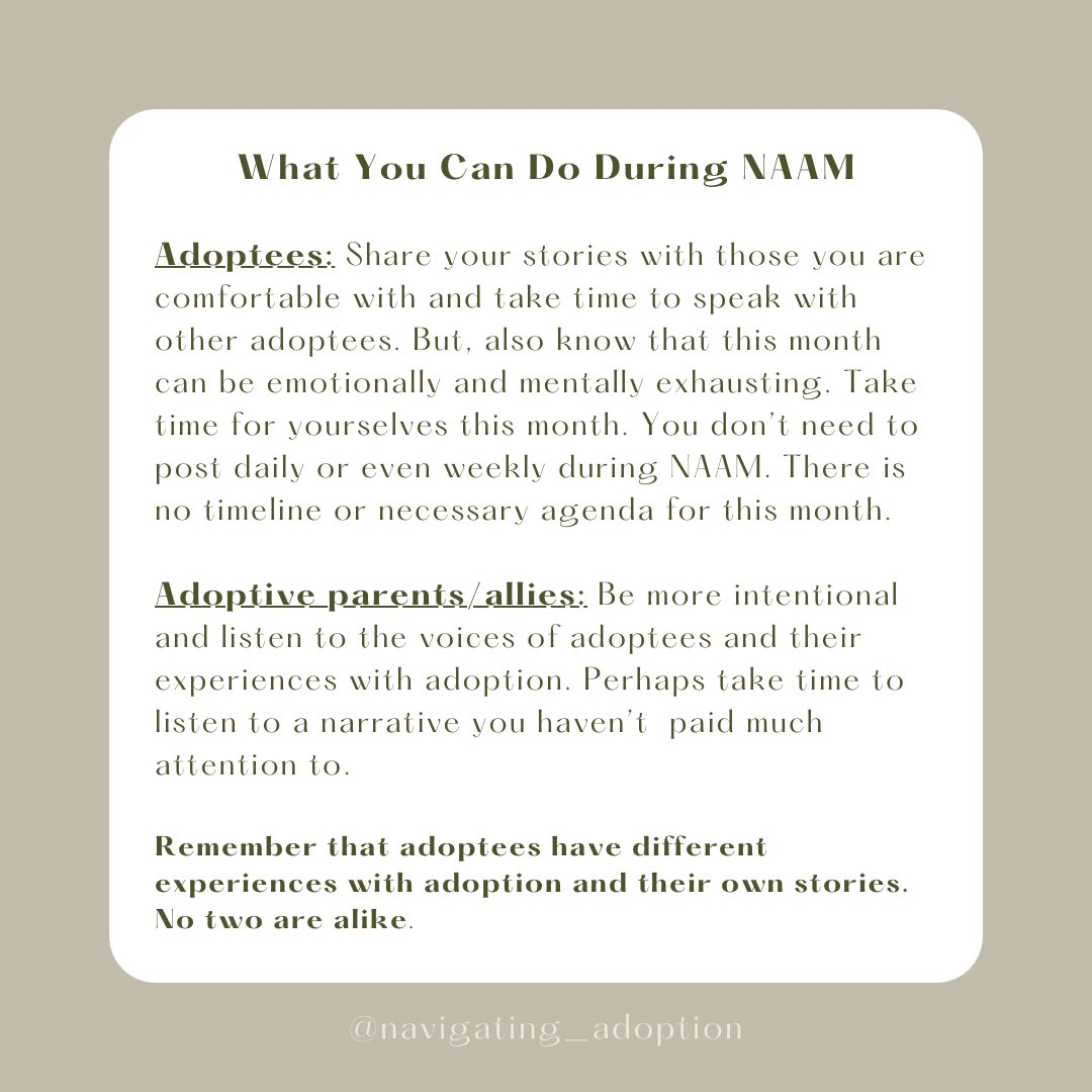 navigatingadopt's tweet photo. Today is November 1st, which means it's the start of National Adoptee/Adoption Awareness Month (NAAM)! Here is some brief information about what NAAM is and what we, as an organization, plan to do this month.

Happy November and NAAM! 

Adoptees, Please take time for yourself https://t.co/RlEZkMzCP4