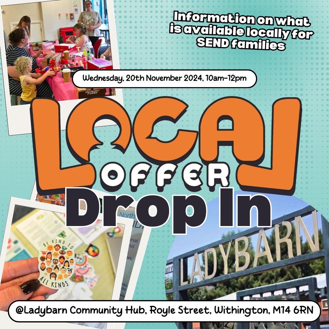 DippleDoes's tweet photo. Our next drop in is at a new venue - Ladybarn Community Hub - on Wednesday 20th November, 10am-12pm. 

Address
Ladybarn Community Hub, Royle Street, Fallowfield, Manchester, M14 6RN

#LocalOffer #Manchester #SEND https://t.co/oe5WQ4PE99