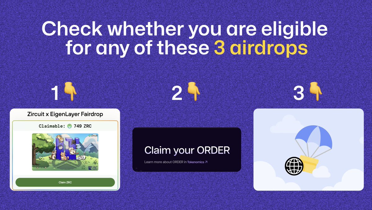 its_airdrop's tweet photo. 🚁 There are some airdrop claims for today

Check whether you are eligible for any of these 👇

1. Zircut airdrop
- For $EIGEN holders/stakers
- You can claim tokens now
- But it will be transferable on TGE
- Supply: 10B
- Check: https://t.co/gXQo6FX5C8

2. Over Protocol airdrop checker live
- Your allocation will be visible on your OverWallet
- More about it:
https://t.co/qMIPexqmdB
- Distribution will begin after mainnet

3. Orderly unclaimed airdrop re-allocation
- They have allocated the unclaimed airdrop tokens
- Eligibility: Eligible for 1st airdrop, earned trading rewards more than 1 ORDER within epochs 1-4.
- Check: https://t.co/v8J3E4EKPL

Eligible for any of these?

Let me know in the comments below