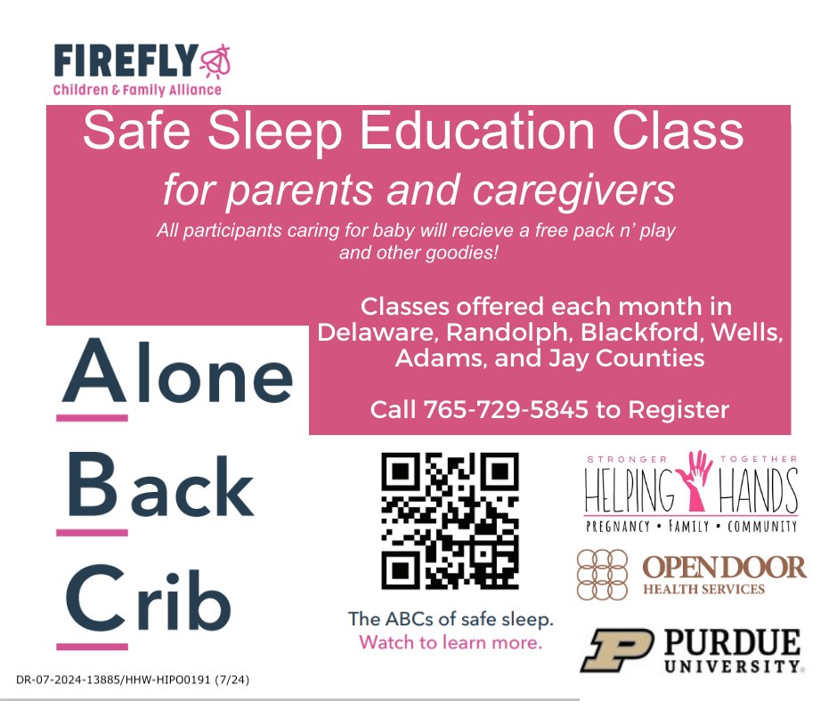 Join Firefly Children &amp; Family Alliance for Safe Sleep Education classes offered each month! Call to register and visit the Firefly website for a wide range of classes and trainings for Indiana families, parents and educators.
fireflyin.org/resources/clas…