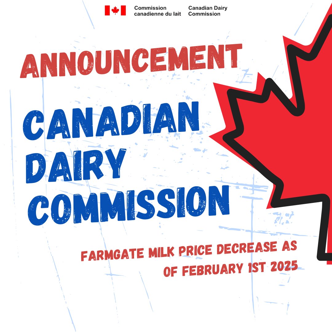 The CDC has announced a decrease in the farmgate price of milk that will come into effect on February 1, 2025.

cdc-ccl.ca/en/farmgate-mi…