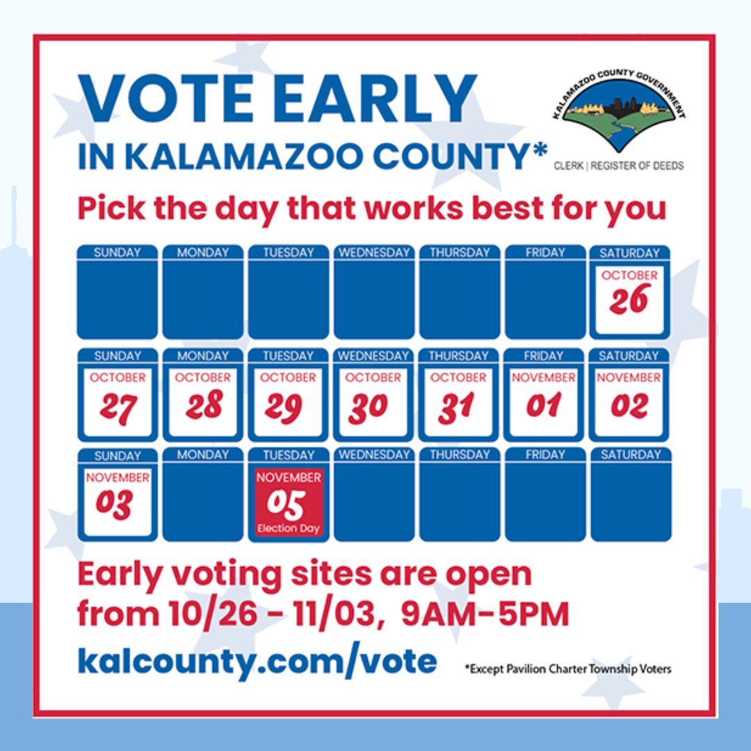 Complacademics's tweet photo. REMEMBER TO VOTE! Election day is Tuesday, Nov 5, but early voting is available here in Kalamazoo.

If you can show us your "I Voted" sticker or that your mail-in ballot was received, we will give you a free 30 min for study tables next week (Nov 3-7). https://t.co/TDT8yHHvaS