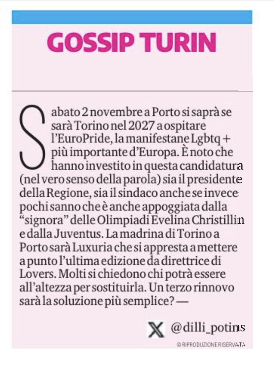 #torino ospiterà #europride2027? 
la candidatura sostenuta anche da #EvelinaChristillin e da <a href="/juventusfc/">JuventusFC</a> 
madrina a #Porto #VladimirLuxuria.
#gossipturin è in edicola su <a href="/TorinoSette/">Torino Sette</a> - <a href="/LaStampa/">La Stampa</a>
