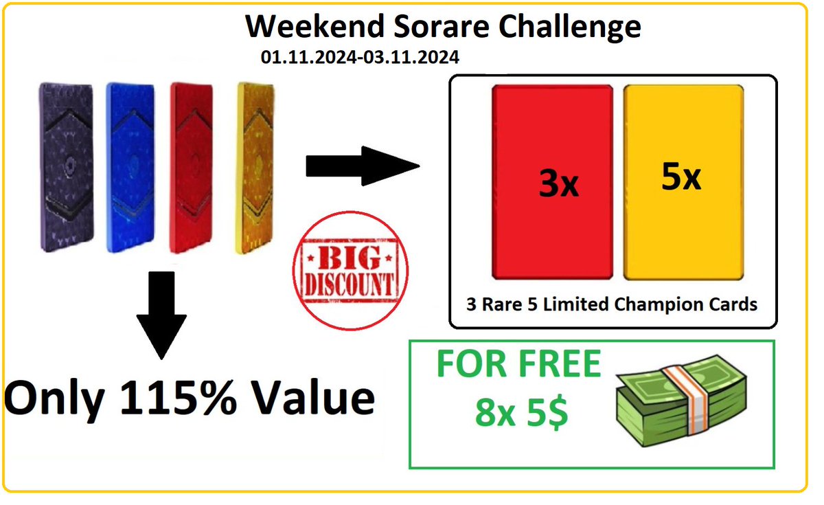 Weekend <a href="/Sorare/">Sorare</a> Challenge Starts Now 01.11.2024-03.11.2024 👀
1⃣ Swap ALL my CARDS for 115% of Your cards value! 🔥
2⃣ 3 Rare and 5 Limited Champion Cards for 8 people who make at least one transaction with me within 72 hours! 😎
3⃣🆓8 x 5USD for 8 random people - just write Your