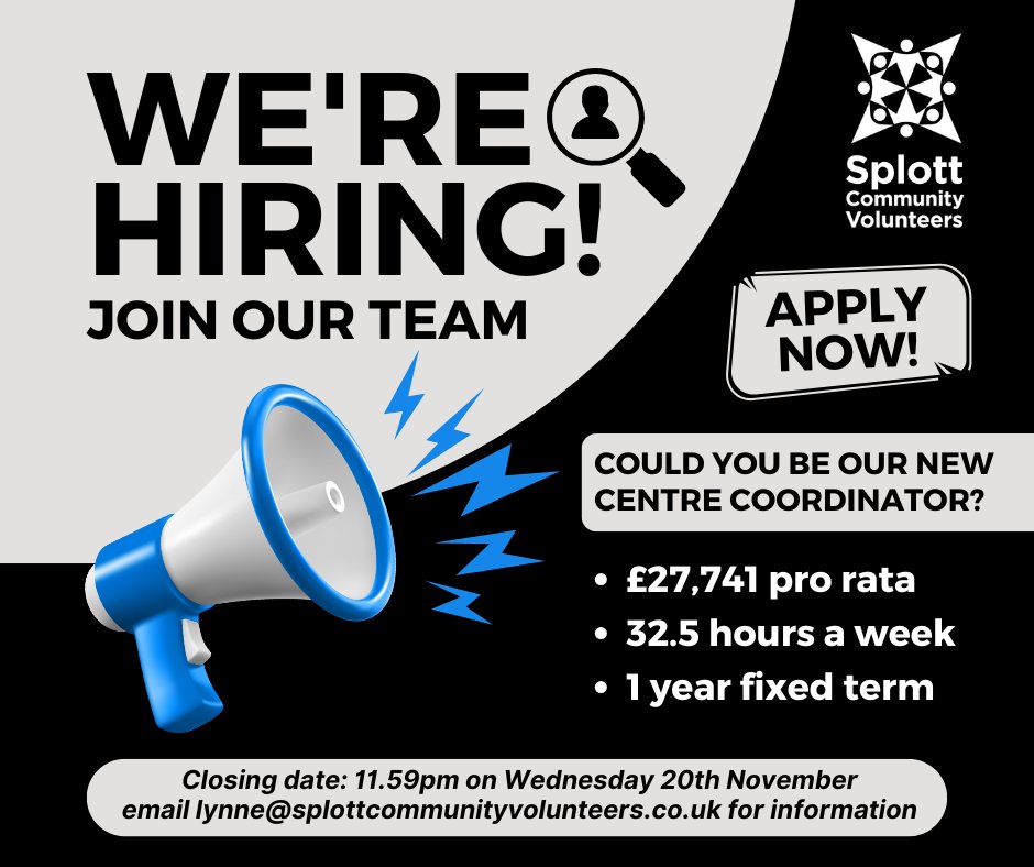 Splott Community Volunteers is looking for a Centre Coordinator to join their small team and make a big difference!  
For a job description and information on how to apply, please email lynne@splottcommunityvolunteers.co.uk
Closing date: 11.59pm on Wednesday 20th November
#Splott