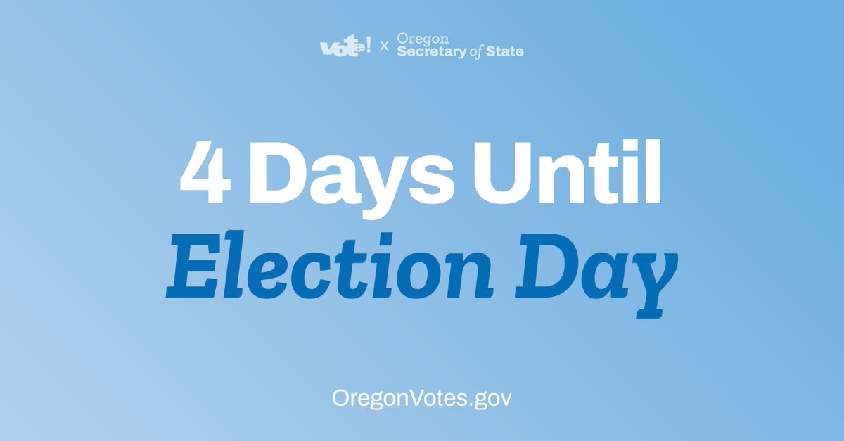 You have ✨FOUR DAYS✨ to turn in your ballot.

Turn in your ballot by 8pm on November 5th. Your options are: 
✅ Mail it. Make sure your ballot is collected by USPS and postmarked by Election Day.
✅ Use an official drop site. OregonVotes.gov/dropbox #TrustedInfo2024