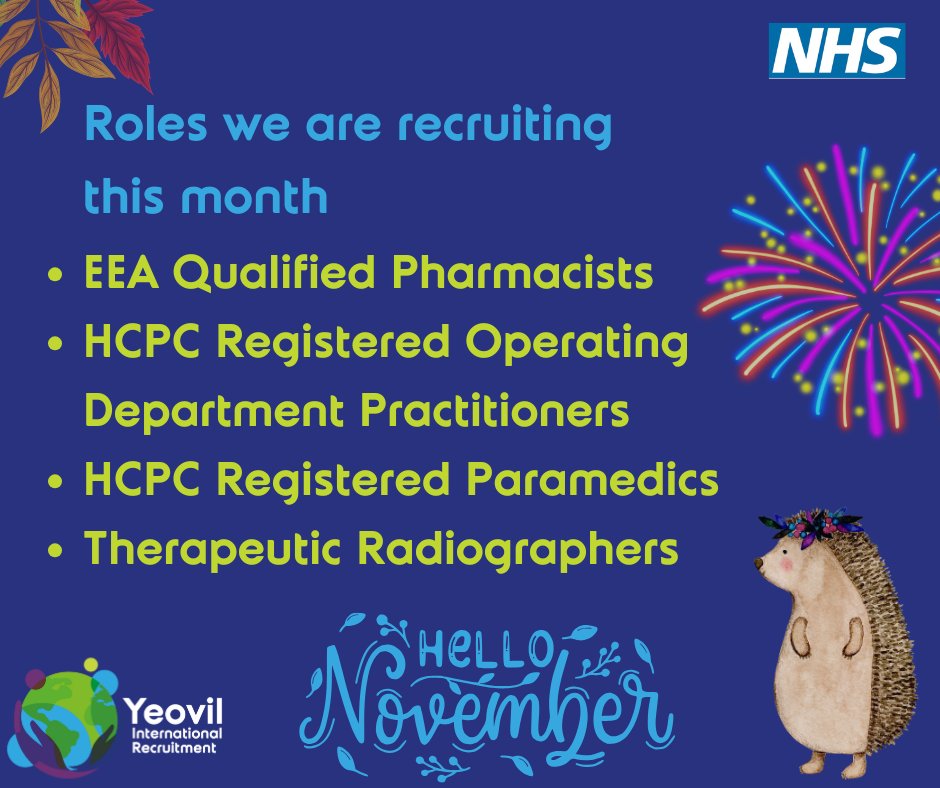Yeovil International Recruitment (@yeovilir) on Twitter photo Happy 1st Novemberπ«πSend us a message today if you are interested in any of the roles we are currently recruiting for π»YeovilIR@SomersetFT.nhs.uk #Pharmacist #ODP #Paramedic #TherapeuticRadiographer #InternationalRecruitment #JoinTheNHS #NewOpportunity #MovetotheUK #NHS Happy 1st Novemberπ«πSend us a message today if you are interested in any of the roles we are currently recruiting for π»YeovilIR@SomersetFT.nhs.uk #Pharmacist #ODP #Paramedic #TherapeuticRadiographer #InternationalRecruitment #JoinTheNHS #NewOpportunity #MovetotheUK #NHS