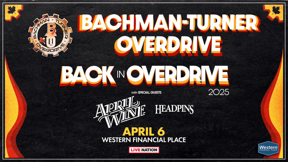 cityofcranbrook's tweet photo. BTO, April Wine & Headpins hit #Cranbrook on their ‘Back In Overdrive’ Tour 2025 – Western Financial Place, Sunday, April 6, 2025. Tickets go on sale Friday, November 8, 2024 at 10am MT online at https://t.co/nMfFYsp5Ji. https://t.co/ofAllxNZIy #wfpcranbrook https://t.co/rLL1IKGzUu