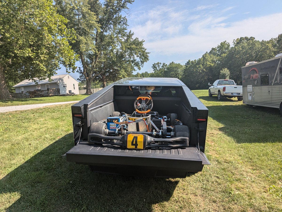 Very cool experience a few months back keeping racing batteries fresh for the <a href="/BlueShockRace/">Blue Shock Race</a> e-Karts in North KC.  Powering them up from the bed outlets in <a href="/cybertruck/">Cybertruck</a>.  Also got to test the fit in the bed - with tonneau closed, to ensure safe transit between races. These e-karts