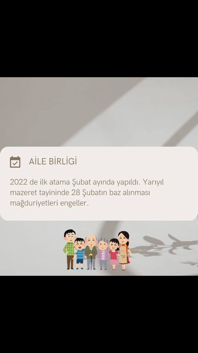 Aile birliği her şeyden önemlidir , eşimizden çocuklarımızdan ayrı 3 yıl geçirdik zaten bir 6 ay daha ayrı kalmak istemiyoruz. Yaz dönemine bırakılırsa 2022 ek ataması da eş durumuna dahil olur ve yığılma yaşanır.
<a href="/Yusuf__Tekin/">Yusuf Tekin</a> 
<a href="/talatyavuz29/">Talat YAVUZ</a> 
<a href="/cftcblnt/">Bülent ÇİFTCİ</a>
#MEBMazerette28Subat